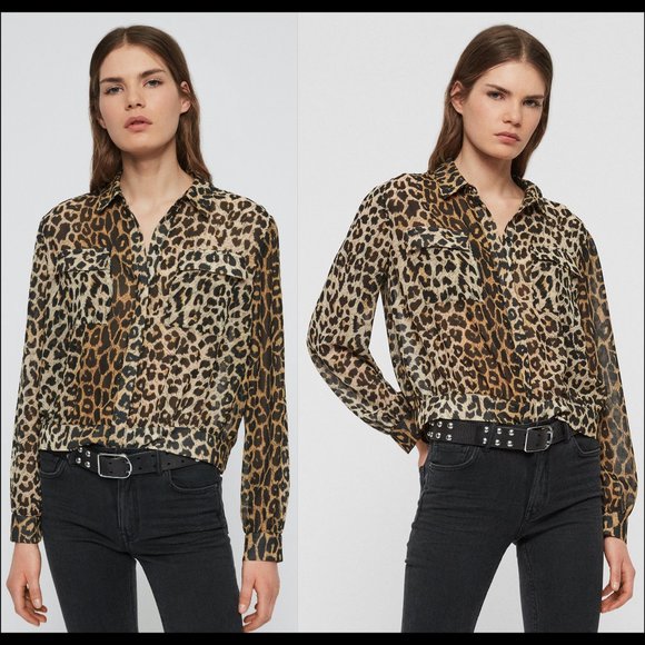 New All Saints Adeliza Leppo leopard printed cargo pocket boxy cropped blouse